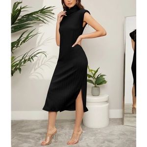 Stacy High Neck Shoulder Pads Slit Hem Textured Tank Dress